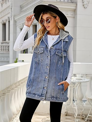Image of PAODIKUAI Women's Oversized Denim Vest - Sleeveless Distressed Jean Vest with Pockets for Casual Layering