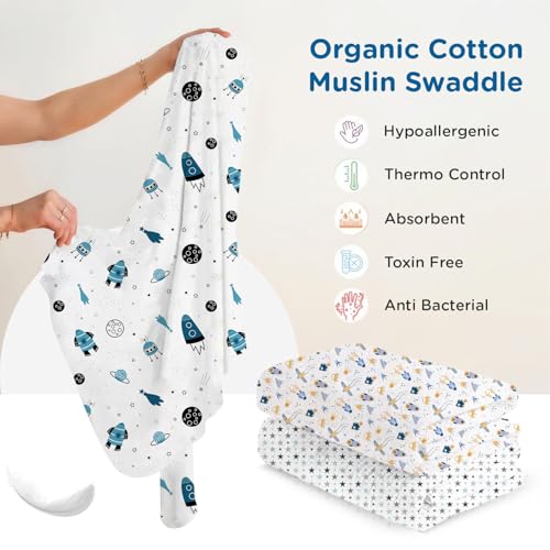 Image of Mee Mee 100% Muslin Cotton Baby Swaddle Wrappers Set (PK-3)| Baby Towel| Soft, Quick-Drying & Highly Absorbent Blanket | Printed Mulmul Swaddle Cloth,Newborn Essentials (Multicolour, 120x100 cm)