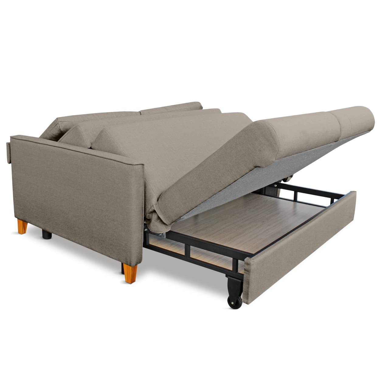 EVERGREENWEB - Divano Letto 2 Posti Matrimoniale L165xP110xA90 con Box Contenitore, Struttura Pieghevole Imbottita Tessuto Tortora, Schienale a Doppio Cuscino, Sofà con Chaise Longue Estraibile MARGOT