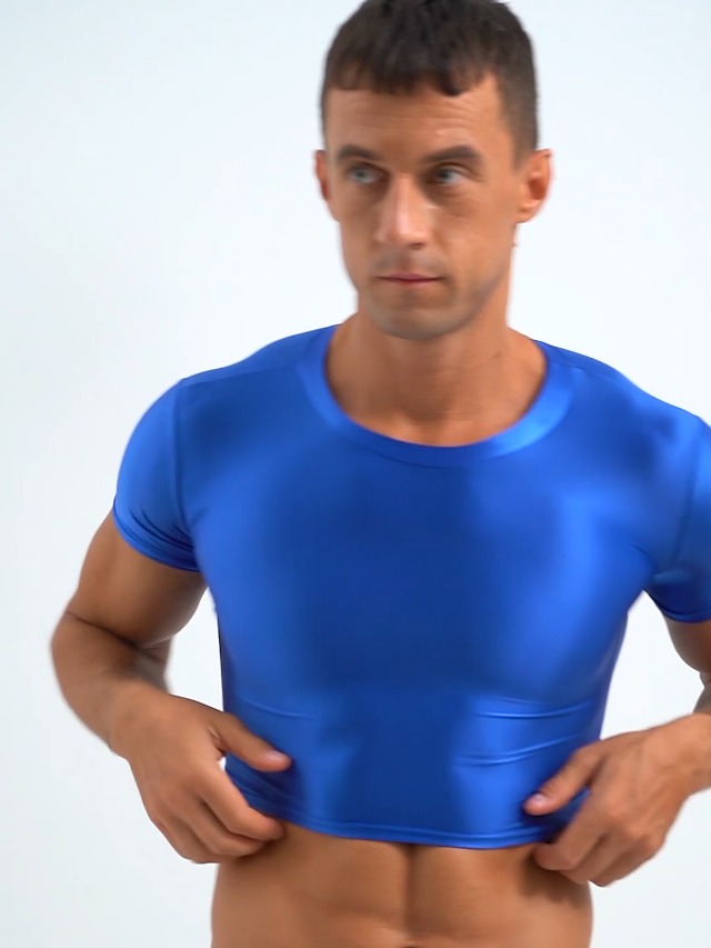 dPois Mens Glossy Short Sleeve Crop Top Slim Fit Tight Workout