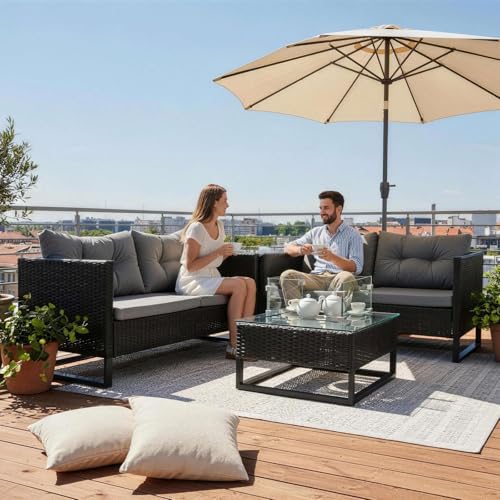 BIRCHTREE Rattan Furniture Set 4-Seater Corner Sofa Set with Fire Pit Table & Side Storage Box, Weather-Resistant Outdoor Patio Garden with Cushions,Black 2 BIRCHTREE Rattan Furniture Set 4-Seater Corner Sofa Set with Fire Pit Table & Side Storage Box, Weather-Resistant Outdoor Patio Garden with Cushions,Black - Image 2