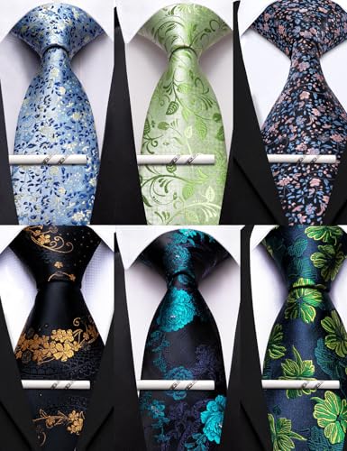 Image of Barry.Wang Mens 6 PCS Ties Silk Striped Paisley Check Necktie Silky Woven Wedding Business Party Ties