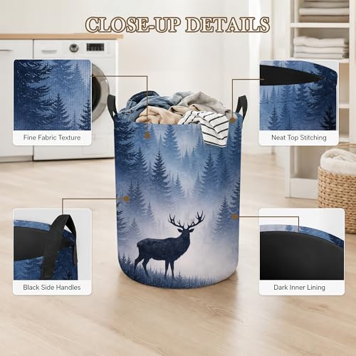 Image of Deer Forest Laundry Basket, Winter Landscape Collapsible Laundry Hamper Waterproof Oxford Cloth With Handles, Clothes Storage Bucket For Bathroom /Bedroom 16 inch x 20.8 inch