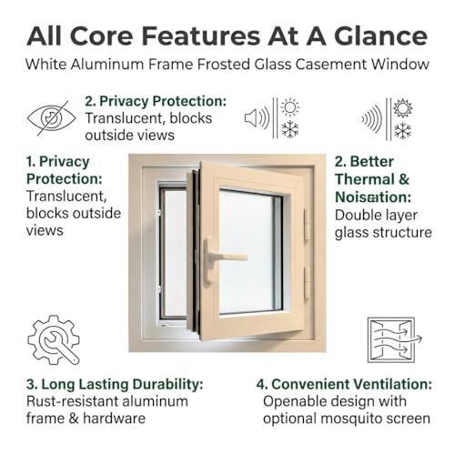 Ventana abatible derecha con marco de aluminio premium y doble vidrio esmerilado acústico 4