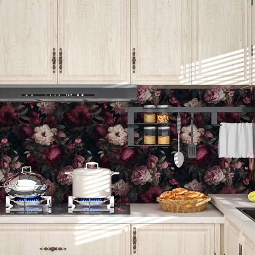ILHIIOR Dark Floral Wallpaper,Boho Peel and Stick Wallpape,Leaf Contact Paper, Gothic Floral Wall Paper Removable Wallpaper Self Adhesive for Cabinet Drawers Wall Decor Renter Friendly 17.5\'\'x118\'\'