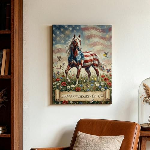 Decoración de caballo patriótico en lienzo abstracto de 12x16 con flores rojas y azules 3