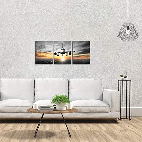 Ouelegent Airplane Canvas Wall Art Decor Aircraft Flying Over Runway Along With Sunset Prints Modern Gray And White Painting Pictures For Home Office Airport Framed Ready To Hang 12"X16"X3 Panels thumb #3