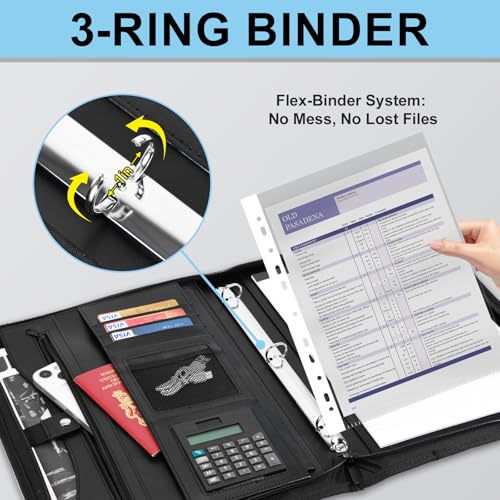 Image of Eshow Portfolio Organizer - 3 Ring Binder with Zipper, Vegan Leather Business Padfolio Folder with Notepad Includes 10 Clear Sheet Protectors for Documents Files for Men Women