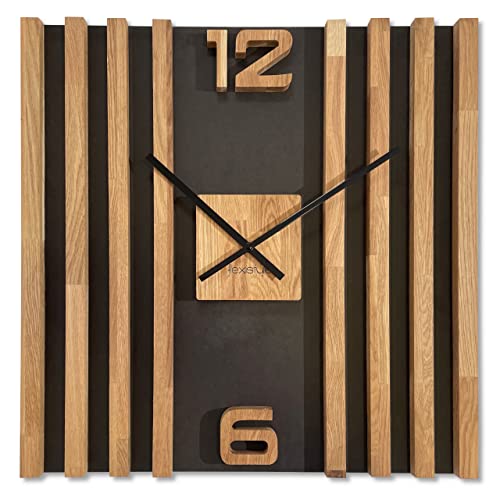 Miniatura 2 de Flexistyle Reloj De Pared Grande De Madera Con Listones Sq, 60 Cm, Aspecto De Madera, Color Negro, Roble 3d, Moderno, Sin Tictac, Para Salón, Color Negro Y Roble