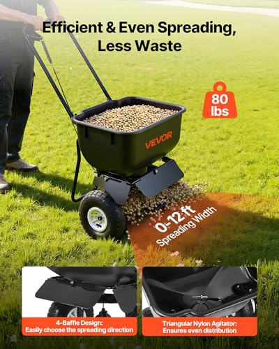 Image of VEVOR Push Lawn Spreader, 12ft Spreading Width, Broadcast Spreader with 80lbs Load Capacity & 10 in All-Terrain Tires, Walk-Behind Garden & Lawn Broadcast Spreaders for Seed Fertilizer, Salt Ice Melt