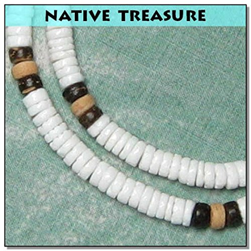 Native Treasure - 20" Mens/Womens White Heishe Puka Shell Summer Tropical Beach Holiday Vacation Necklace Brown Coco Beads - 5Mm (3/16") #TOP3