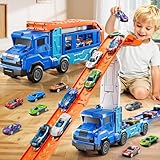 XINNOVEL Toddler Car Truck Toys for 3 4 5 6 7 8 Years Old Boys, Transporter Truck Toy Track Set with 12 Die-Cast Car Toys, Toy Gifts for 3 4 5 6 Year Old Boys Kids