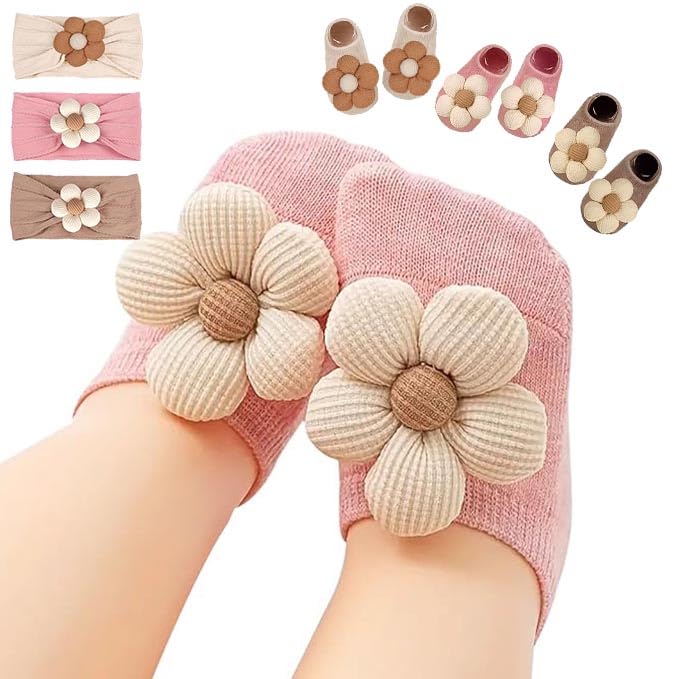 Baby Girl Cute Headband & Socks Combo - Non-Slip Floral Grips Socks & Soft Flower Nylon Hairbands, Essential Hair Accessories for Kids Infants (1-3 Years, Pink Beige khaki)