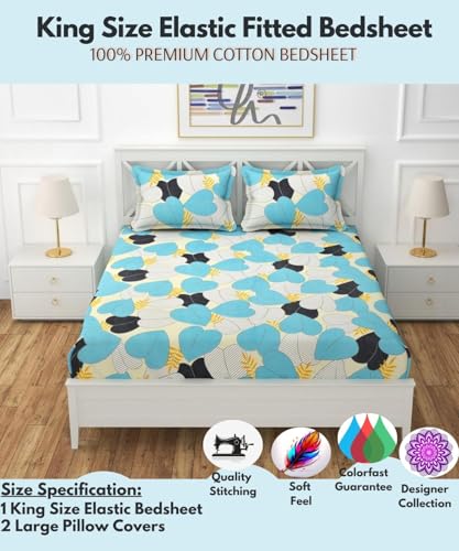 Image of Fitted Bedsheet King Size Double Bed with 2 Matching Pillow Covers, Glace Cotton All-Around Elastic 210 TC Premium Bed Sheets, (72x78x8 Inches, Blue Leaf Print