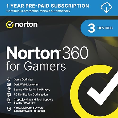 Norton 360 for Gamers 2026, Antivirus software 3 Devices and 1-year subscription with automatic renewal, Secure VPN, Dark Web Monitoring and Password Manager, PC/Mac/iOS/Android