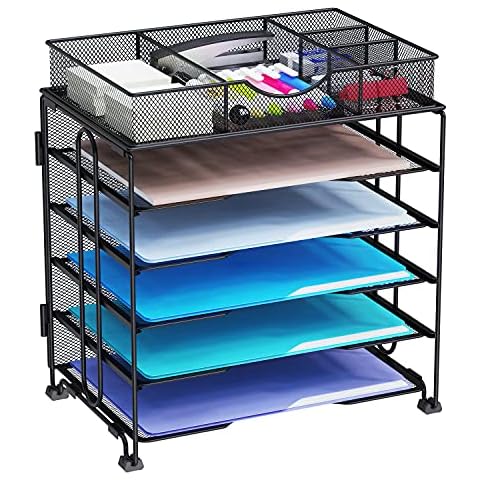 KEEGH Paper Organiser Tray,5 Tier Mesh Desk File Organiser with Extra Drawer | Screws Free Design (5 Tray with Drawer) Cover