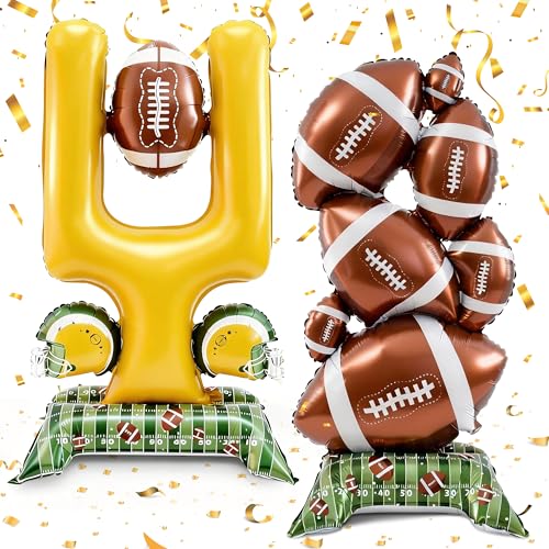 THAWAY 2 Pcs Football Party Decorations - Giant Self Standing Foil Football Balloons with Green Field Base for Football Party Favors Sports Themed Party Decorations (Football Pile/Goal)