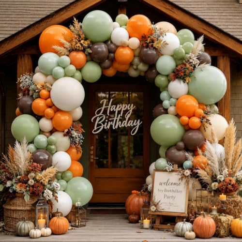 Image of Dusty Green Orange Brown Fall Color Balloon Arch Garland Kit | Double Stuffed Burnt Orange Coffee Beige Balloons for Boho Birthday Thanksgiving Autumn Neutral Baby Shower Party Decor