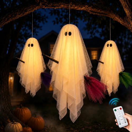 Halloween Decorations Outdoor 3 Pack Hanging Ghosts on Brooms with Built-in Warm Lights Flying Ghost Family Decor Floating Gauze Ghost for Tree Porch Yard Patio Indoor Halloween Decorations