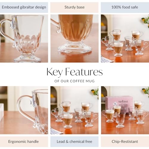 Image of Nestasia Set of 6 Transparent Glass Tea Cups (196ml Each) - Fluted 100% Food Safe & Chip-Resistant Glass Set | Perfect for Irish Coffee, Tea, Hot & Cold Beverages