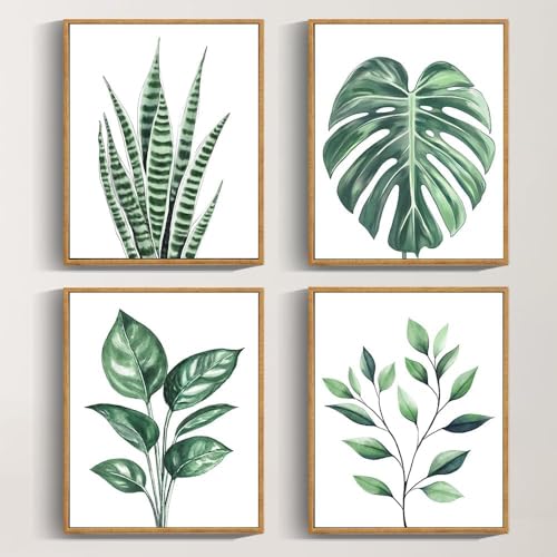 Drsoum Botanical Canvas Framed Wall Art Watercolor Green Leaf Tropical Plant Art Prints Boho Decor for Bedroom Bathroom Kitchen Home Office Decorations 8'x 10'x 4pcs