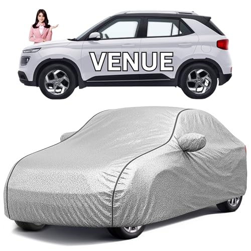 Image of Avecrew 100% Waterproof Car Cover for Hyundai Venue All Model Mirror & Antenna Pocket Triple Stitched, Dustproof Full Body Protection (Heat & UV Resistant,Silver)