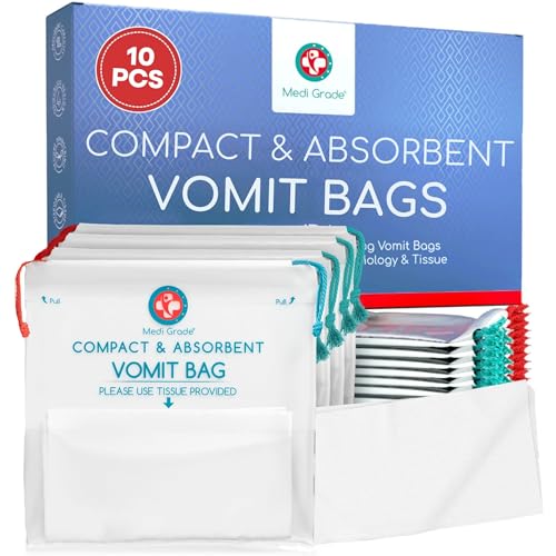 Medi Grade Absorbent Vomit Bags Disposable for Adults and Kids 10pcs - Travel Essentials Leakproof Barf Bags with Tissues Turn Vomit to Gel and Prevent Odor - Purse Essential Travel Size Sick Bags