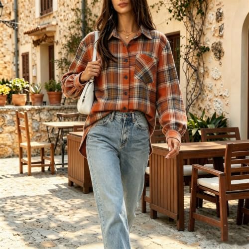 Plaid Flannel Shirts for Women Casual Long Sleeve Collared Shirt Fall Tops - image 3