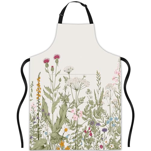 JASAKOO Tablier à bavette avec col réglable imperméable pour homme et femme, convient pour la cuisine comme cadeau de cuisine, Sauge de fleurs printani, taille unique