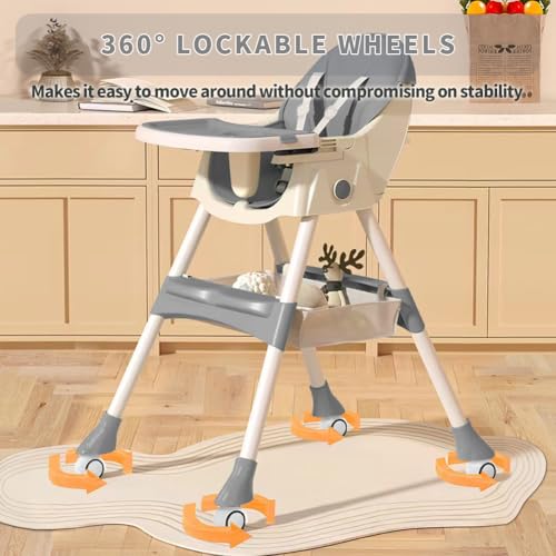 Image of High Chairs for Babies and Toddlers, 4 in 1 Convertible Baby High Chair, Portable High Chair for Travel with Adjustable Height and Back, Foldable HighChair with Wheels& Pu Cushion (Grey)