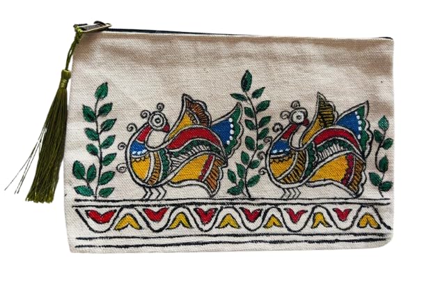 Hand-Painted Madhubani Canvas Zipper Pouch | Makeup Organizer, Travel Bag | Return Gift for Kanjak, Kitty Party, Wedding, Festive Use (Peacock Multicolour)-image-1