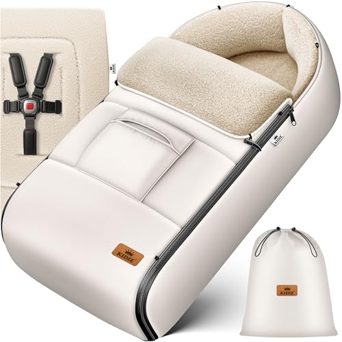Kidiz® Babyfußsack Baby Fußsack Winterfußsack Babyschale mit Reißverschluss Kuschelsack Babydecke Kinderwagen waschbar verschließbarer Kopfteil,Tasche, passend für alle Kinderwagen, Beige