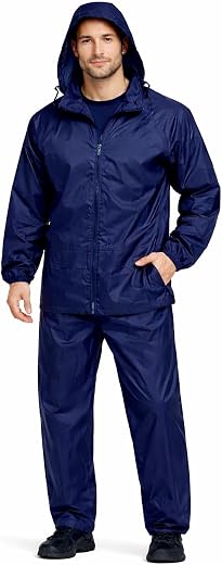 Cool Dealzz Men's Hooded Raincoat Set Waterproof | Jacket Pant Rain Suit | Lightweight | Navy Blue