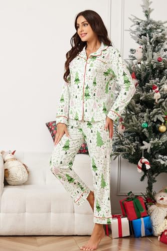Image of LUBOT Christmas Pajamas for Women 100% Cotton Pajama 2 Piece PJ Set Soft Long Sleeve Button Xmas Print Loungewear XS-XXL