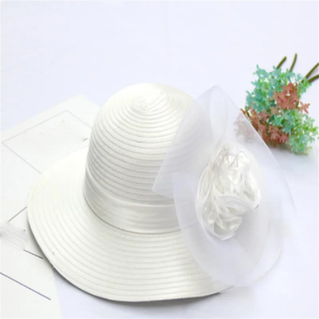 Yeuyyben Cappello da sole da donna, alla moda, estivo, in organza, a tesa larga, con nastro floreale