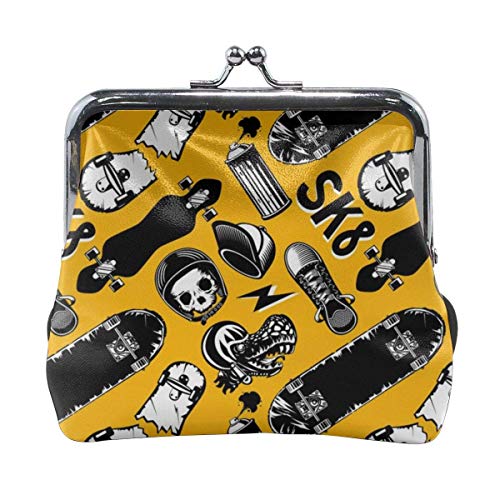 Monopatines Skate Fashion Women 'S Cute Leather Coin Purse Pouch Hasp Wallet Titular de la Tarjeta de Efectivo Mini Bolso con Kiss Lock Hebilla para niñas Mujeres Damas, Monedero 11X10 Cm