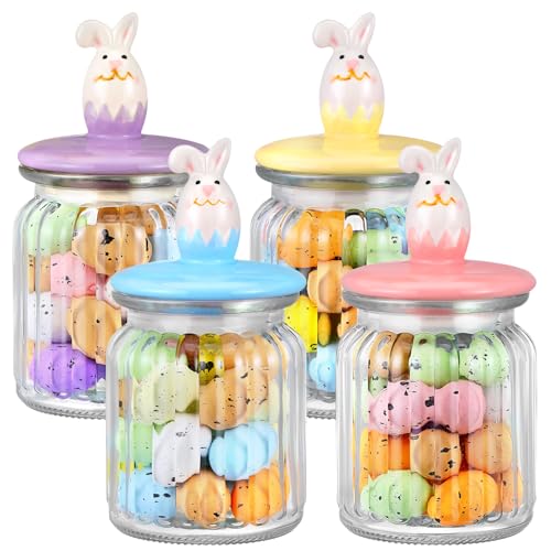 Nitial 4 Pcs Easter Glass Jar with Cap Bunny Rabbit Egg Shape Clear Candy Jar Decorative Food Storage Canister with Airtight Ceramic Lid for Eater Party Tea Cookie Table Decoration (7.8 oz,Bunny)