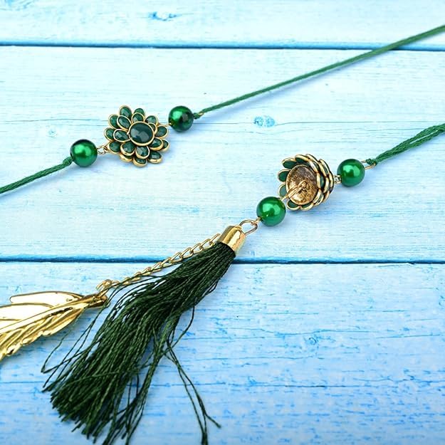 Image of Saudeep India Fridge Magnet with Rakhi Combo Gift Set of Lumba Couple Rakhi for Bhaiya Bhabhi | Travel Souvenir | Refrigerator Magnet(Green Feather)