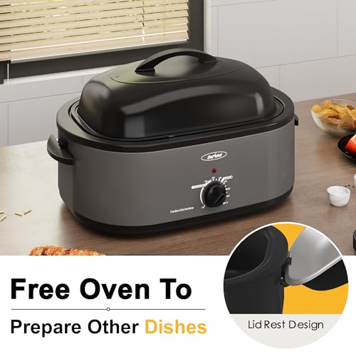 Sunvivi 22lb 18-Quart Electric Roaster Oven with Self-Basting Lid, Turkey Roaster with Unique Defrost/Warm Function, Large Oven with Removable Pan & Rack, Stainless Steel, Grey