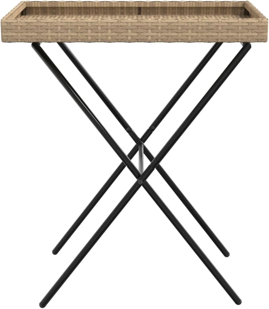 Folding Tray Table Beige 25.6"x15.7"x29.5" Poly Rattan,Folding Rattan Tray Table with Removable Tray for Outdoor Patio Outdoor Table