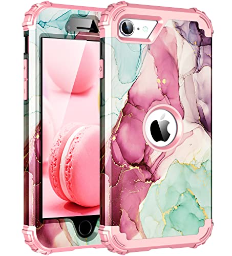 BQQFG for iPhone SE 2022/2020 Case,Marble Design Three Layer Heavy Duty Shockproof Hybrid Hard Plastic Bumper Soft Silicone Rubber Drop Protective Cover Case for iPhone SE 2022/2020 4.7