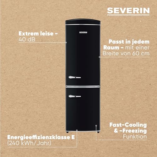 SEVERIN Doppeltür Kühl- & Gefrierschrank, Retro-Design mit Chrom-Details, No Frost + Fast Cooling/Freezing-Funktion, LED-beleuchtet, Kühlbereich 0-8°C, 315 L Volumen, 41 dB, schwarz, RKG 8998 [EEK E]