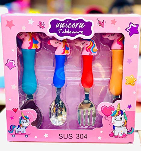 Generic FETE PROPZ Stainless Seel Unicorn Spoon and Fork Set for Kids [ Set of 4 ]