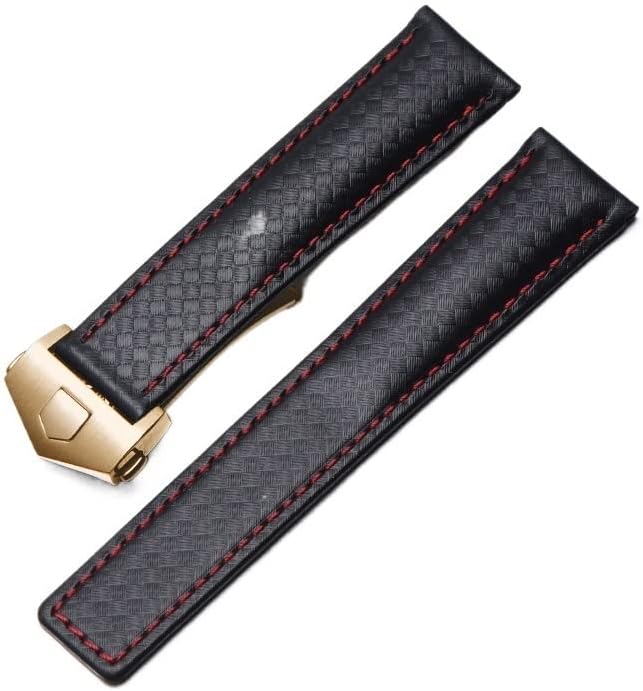 ZUC Carbon fiber texture genuine leather bottom watchband For TAG wristband black with red line strap 20mm with folding buckle