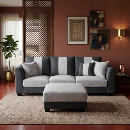 Image of Revo 4 Seater L Shape Sofa Set with Movable Ottoman | Flexible Left or Right Layout | Luxury Velvet Suede Fabric | Modern Living Room Sofa | Dark Grey-Light Grey