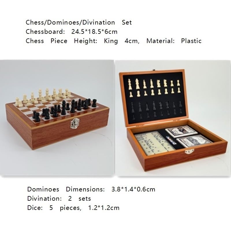 echiquier Jeu d'échecs Pliable en Bois 3 en 1 for Les Voyages, Comprenant Un Jeu de société for Enfants et Adultes, des Dominos et Un Jeu de Cartes. echecs Jeu(Color2)