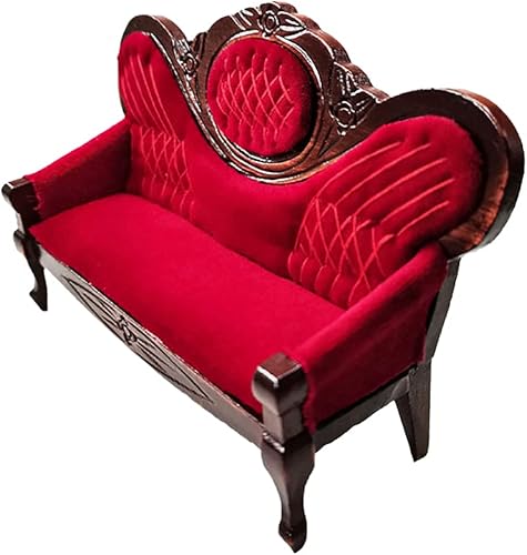 1:12 Miniatura Mini Casa Muebles Vintage Rojo Madera Tallada Sofá para Miniatura Accesorios Muebles Decoración Cumpleaños