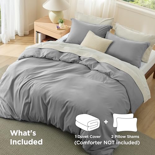 Image of Bedsure Duvet Cover Queen Size - Soft Double Brushed Bedding Set for Kids & Adults, Zipper Closure, 3 Pieces, Includes 1 Duvet Cover (90 inchx90 inch) & 2 Pillow Shams, NO Comforter, Grey