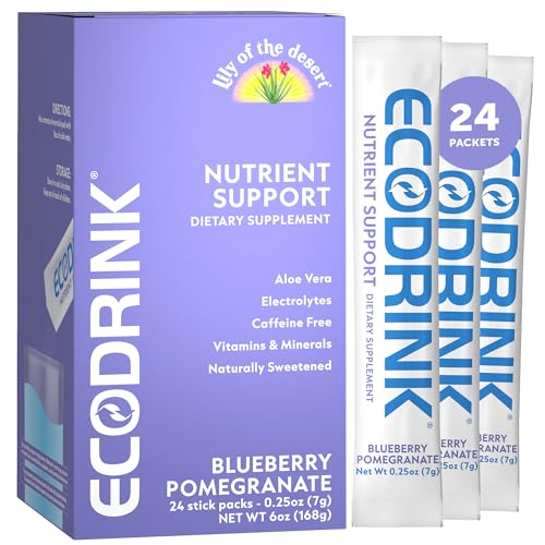 Lily of The Desert EcoDrink Nutrient Support Hydration Packets Blueberry Pomegranate Naturally Sweetened Multivitamin Electrolyte Mix with Aloe 24 Stick Packs/Box 0.25 Oz Ea