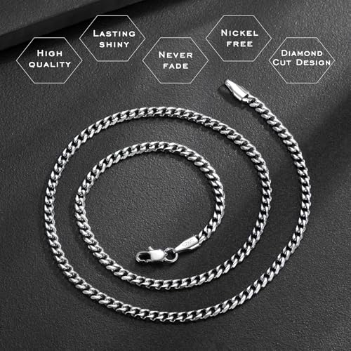 3.5mm Cuban Link Curb Chain Necklace for Women Men 925 Sterling Silver Plated Stainless Steel Necklace Available In 16/18/20/22/24/26/28/30 Inches Silver Chain Necklace for Men Come Gift Box3